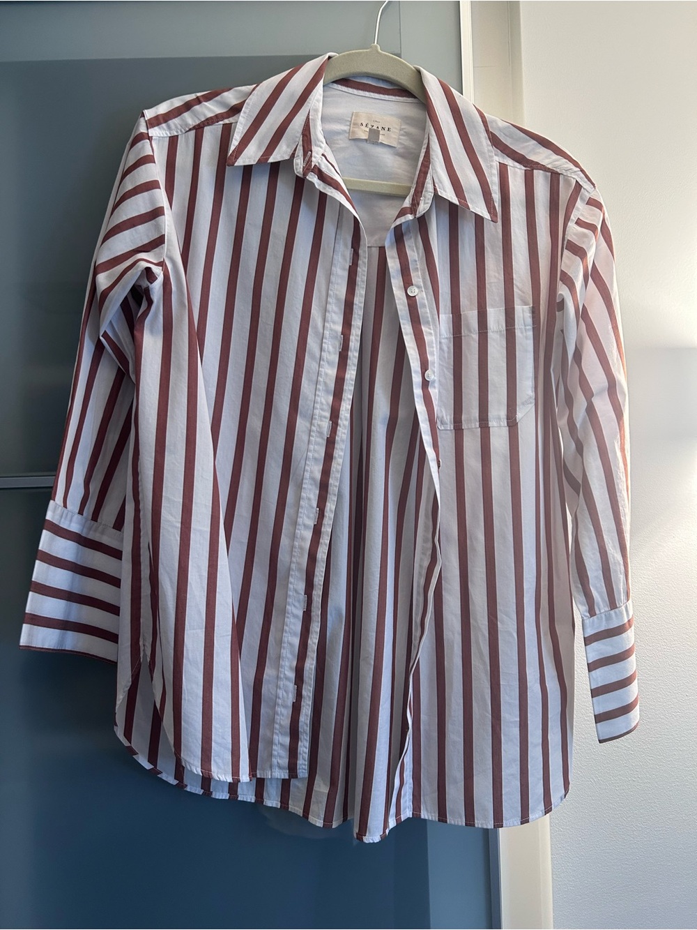 Sezane White & Brown Vertical-Stripe Button-Up Blouse